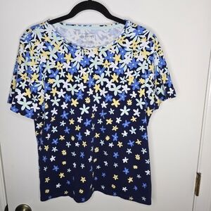 Talbots Blue and Yellow Floral Short Sleeve Top XLP
